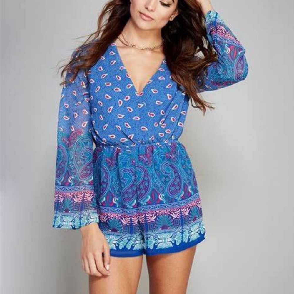 Blue‎ Paisley Print Long Bell Sleeve Romper V-Neck Cutout Back Boho Festival